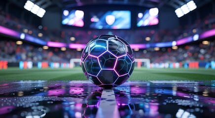 Glowing soccer ball with neon lines on a wet ground in a illuminated stadium with blurred background and sparkling reflections