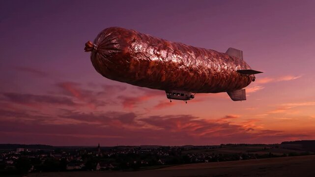 Surreal airship made from meat resembling a huge sausage floating across a vibrant purple and orange sunset sky above a small european town surrounded by fields