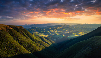 Majestic mountain landscape at sunset. Rolling hills, verdant valleys, and a dramatic sky create a sense of awe and wonder. Ideal for travel, nature, or inspirational themes.