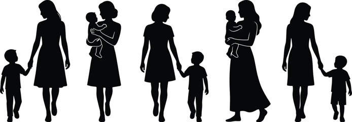 Mother, child, silhouette, bonding, nurturing, parenting, love, care, affection, walking, holding hands, baby, toddler, motherhood, family, maternal, connection, support, embrace, togetherness