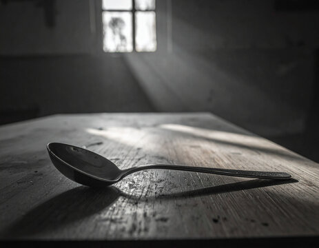 A single spoon rests on a bare table, representing the daily struggle for food during Holodomor.