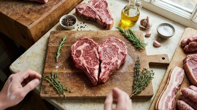 Chef hands preparing a raw beef steak with herbs and spices on a wooden cutting board, surrounded by fresh ingredients like garlic, olive oil, and other meat products