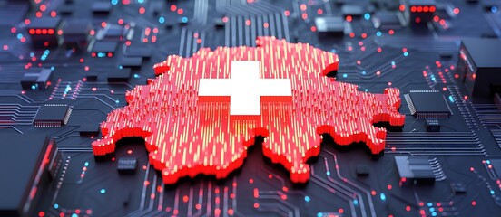 Switzerland map on a futuristic circuit board a digital representation of swiss technology and innovation with glowing red lights emphasizing its advanced infrastructure and data flow