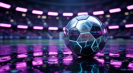 Futuristic soccer ball with glowing blue and pink neon lines on a wet stadium field capturing dynamic sports and modern technology