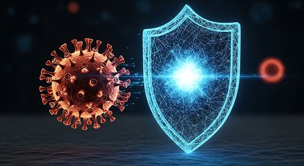 Digital shield defending against glowing coronavirus particle