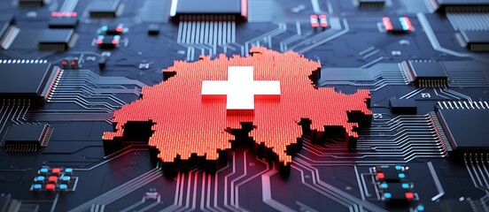 Switzerland map on a circuit board adorned with vibrant red lights depicting the nation's digital prowess and advanced technological landscape interconnected with electronic components