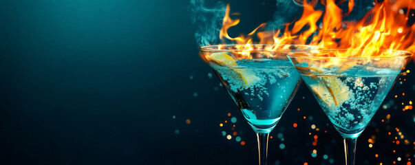 Flaming Blue Martini Glasses with Bokeh Effect