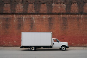 White moving truck parked on a street in front of a weathered red brick wall showcasing transportation and delivery services with ample copy space for promotional text or logos