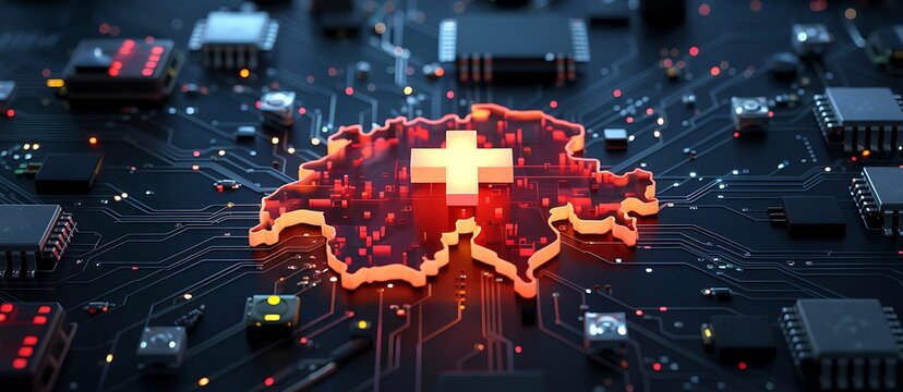 Switzerland map glowing orange on a dark circuit board illustrating swiss technological advancements and digital infrastructure with integrated electronic components and network lines