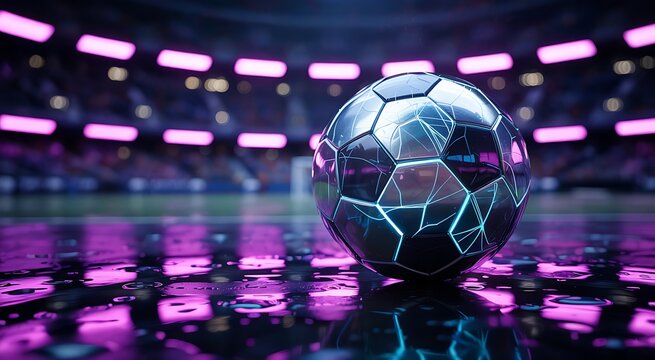 Futuristic soccer ball with glowing blue and pink neon lines on a wet stadium field capturing dynamic sports and modern technology - Powered by Adobe