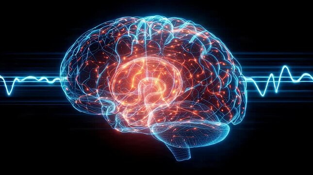 A glowing, transparent human brain with neural pathways illuminated by electrical impulses, set against a dark background with a waveform.