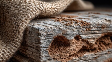 Coarse fabric rests on distressed wood with chocolate-brown powder