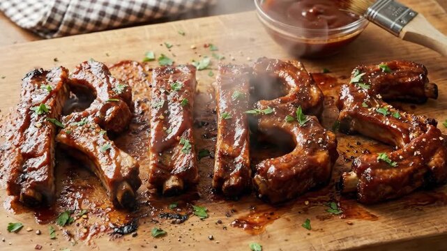 Savory barbecue pork ribs arranged to form the word ribs on a wooden cutting board, glazed with rich bbq sauce, garnished with fresh parsley and spices, ready for serving