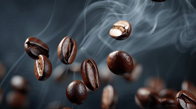 Close-up of roasted coffee beans floating in the air with wisps of smoke against a dark background.