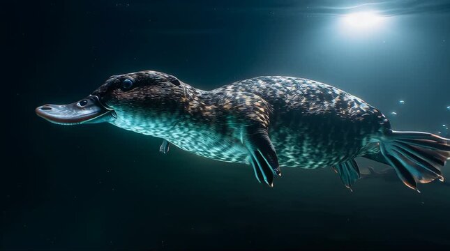 A platypus swimming gracefully underwater in dark water, illuminated by a beam of light from above, showcasing its unique features.