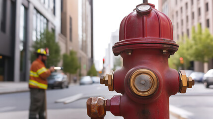 Red fire hydrant stands guard on a city street, a firefighter in the background ready to respond. Safety in urban landscapes. Vigilance ensures community protection.