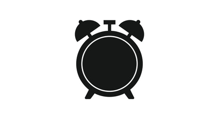 A simple black silhouette of a classic twin bell alarm clock against a white background silhouette