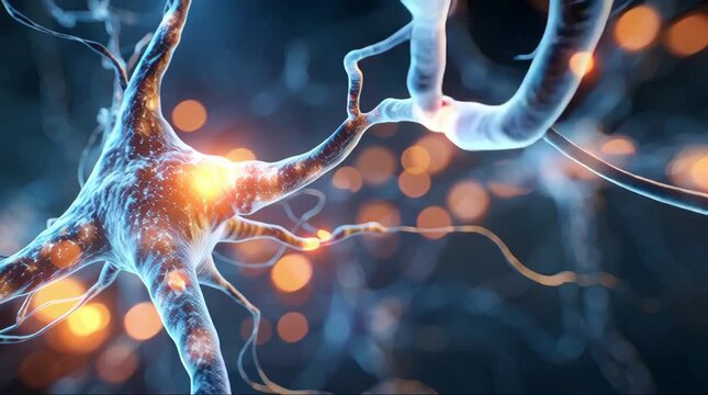 Close-up abstract illustration of a neuron with glowing synapses and neural network activity, representing brain function and communication.