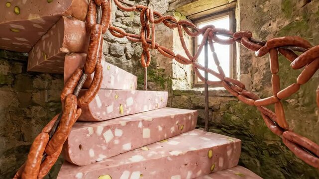 Surreal staircase inside an old stone building with steps of mortadella slices studded with pistachios and linked sausage railings, absurd edible art installation, empty and dreamlike