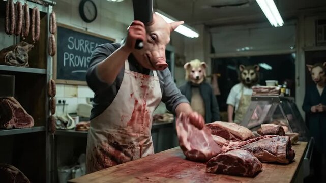 Pig-headed butcher preparing raw beef cuts on a wooden block, working in a darkly lit, surreal butcher shop with other masked figures and a surreal provisions sign