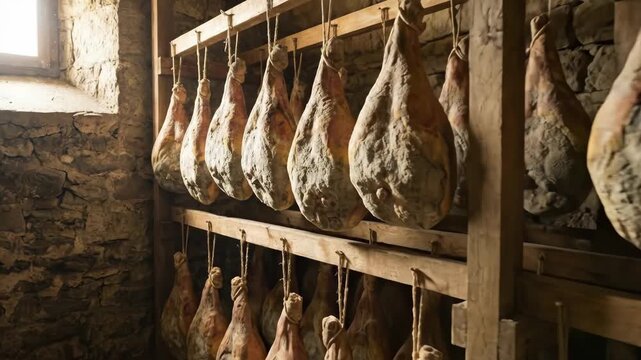 Prosciutto hams hanging on wooden racks in a rustic stone cellar, slowly curing and aging to develop deep flavor and artisanal texture in traditional gourmet production