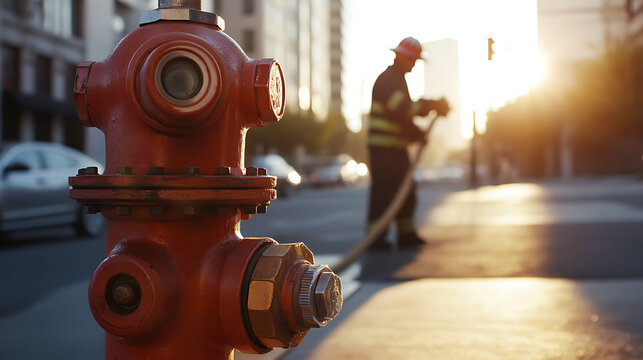 A bright red fire hydrant stands sentinel on a city street, with a firefighter in the background amidst the golden sunset glow, ready for any emergency with safety equipment.