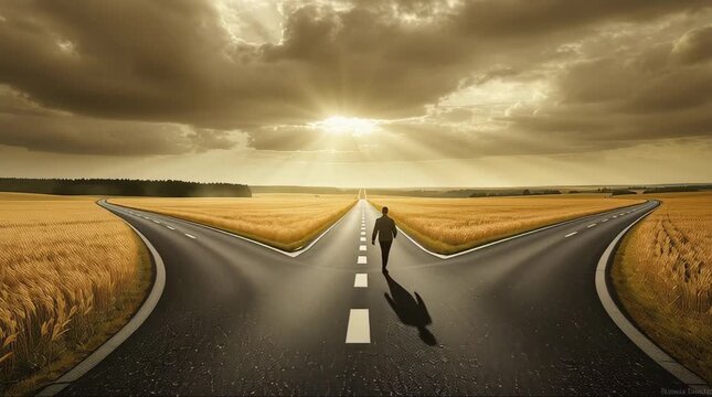 A lone figure stands at a fork in the road, contemplating a life-altering decision under a dramatic sky with sun rays breaking through clouds.