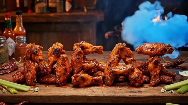 Grilled chicken wings spelling maga on a rustic wooden board with celery sticks and dipping sauce, smoky barbecue grates in the background for a spicy pub-style shot