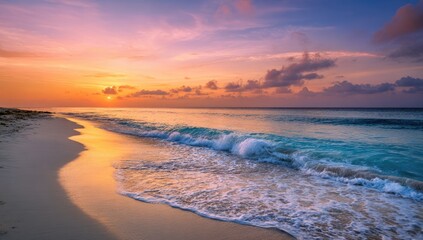 Ocean waves crash on a sandy beach during a colorful sunset with a vibrant sky