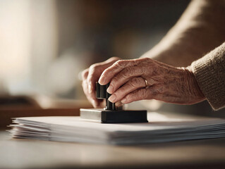 Closeup shot showcases hands pressing a stamp onto a stack of papers. Symbolizing authority, approval, or validation. Perfect for finance, legal, or administrative concepts.