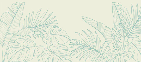 Naklejka na ściany i meble Tropical leaves background vector. Natural jungle monstera palm leaves design in minimal pale green color with contour line art. Design for fabric, print, cover, banner, decoration, wallpaper.