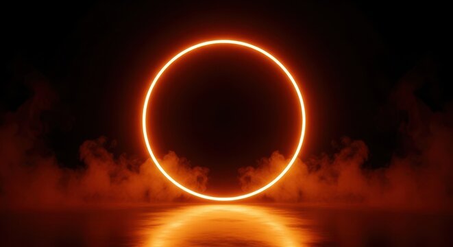 Glowing neon orange circle on dark background with smoky reflections, ideal for product display