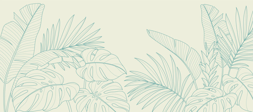 Fototapeta Tropical leaves background vector. Natural jungle monstera palm leaves design in minimal pale green color with contour line art. Design for fabric, print, cover, banner, decoration, wallpaper.