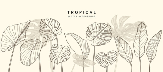 Tropical leaves background vector. Natural jungle monstera palm leaves design in minimal pale green color with contour line art. Design for fabric, print, cover, banner, decoration, wallpaper.