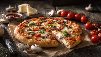 Close-up of a freshly baked pizza, ingredients on a rustic wooden table