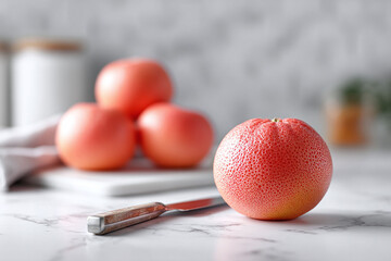 Fresh grapefruit still life. A knife rests near a vibrant citrus fruit, suggesting healthy eating, dieting, and wellness. Use for food blogs or nutritional content.