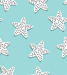 A playful and modern seamless pattern featuring Dalmatian-dot stars with soft shadows on a light aqua background. Perfect for kidswear, textiles, stationery, gift wrap, wallpaper, and stylish surface 