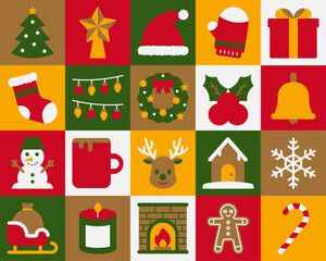 Flat illustration set of 20 festive Christmas and Holiday symbols in red, white, yellow, green, and brown tones. Ideal for seasonal designs, greeting cards, websites, and cheerful decorations.
