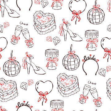 Seamless bridal pattern with disco ball, heart, champagne. Perfect for bachelorette, wedding and valentine party design, wrapping, stationery and festive backgrounds