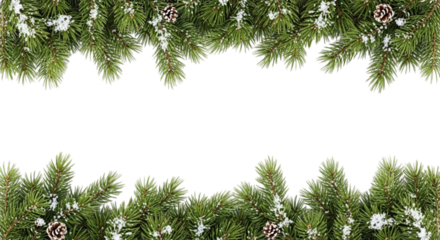 Christmas pine branches with snow and pine cones, creating a festive border on a Transparent Background.