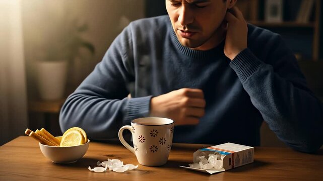 Man Gripping Neck In Pain Holding Steaming Cup Of Tea And Throat Lozenges With Lemon And Honey Sticks On Wooden Table With Soft Natural Light Indoor