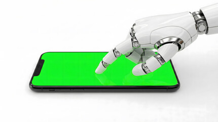 A robotic hand interacting with a smartphone displaying a green screen