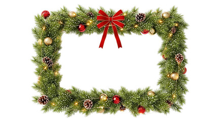 Christmas Frame Garland with Red Bow, Gold and Red Baubles, Pinecones, and Fairy Lights on Transparent Background