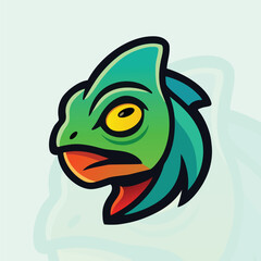 Chameleon Mascot Logo &ndash; Green Reptile Head Logo, Bold vector mascot of a chameleon head in gradient greens and orange. Perfect for esports teams, brand identity, stickers, and apps.