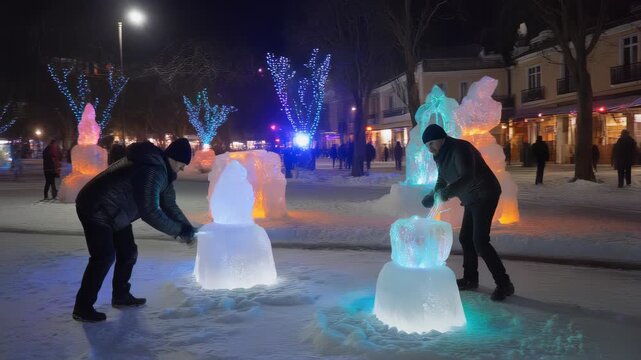 Artists carving glowing ice sculptures in a winter festival plaza with colorful spotlights. Steadicam walking through the event, vibrant lighting contrasts, lively holiday cultural celebration.