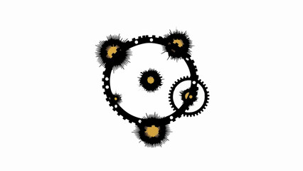 Obraz premium Intricate mechanical gears forming a circular abstract design with golden fuzzy centers