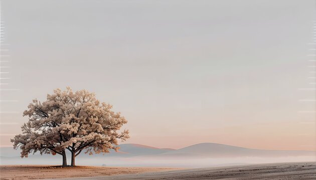 A solitary frosted tree stands in a vast, misty winter landscape with soft pastel skies and distant hills. - Powered by Adobe