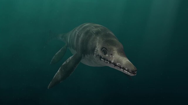 Plesiosaur Swimming in Deep, Murky Ocean Water - Ancient Sea Monster 3D Render