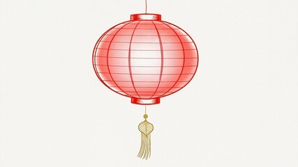 Obraz premium Red paper lantern with tassel hanging on neutral background 