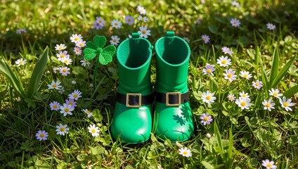 A leprechaun's green rubber boots with buckles stand on grass with white daisies and green clover. Sunlight, a spring garden, nature, freshness, and a spirit of good luck.